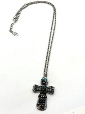Vintage blue crystal rhinestone beaded cross pendant charm necklace